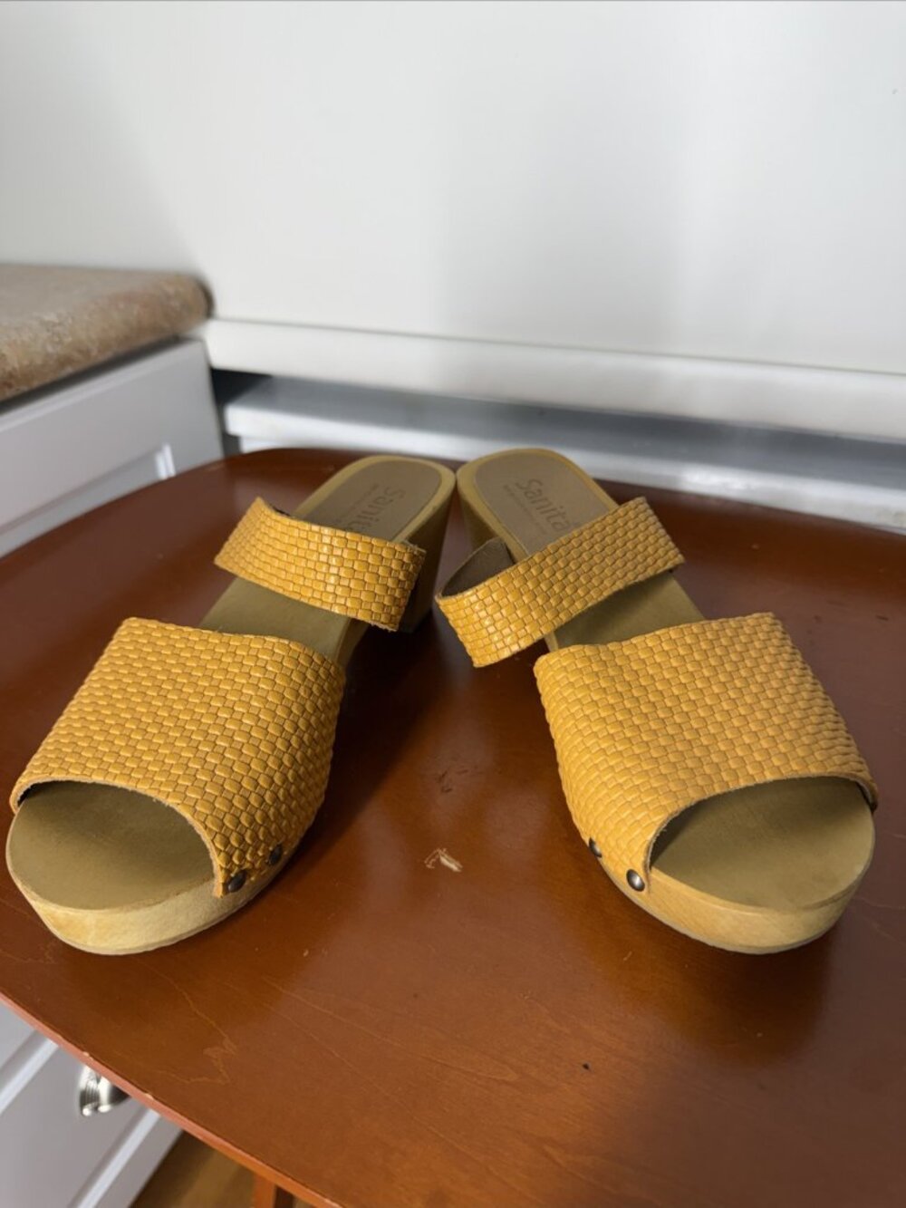Sanita Sandals Women's 37 / 6  Goldenrod Slide Clog Textured Leather Wooden